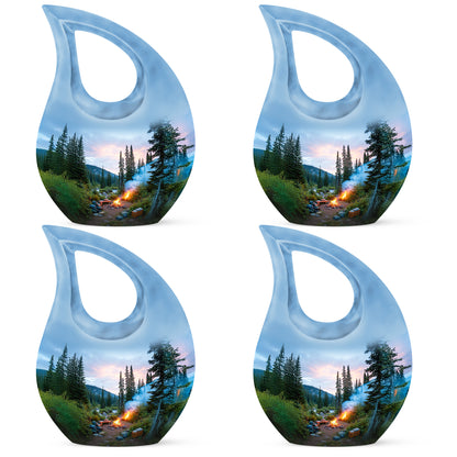 Calming Blue Campfire Cremation Urn lifestyle display on memorial shelf - faith-inspired cross-drop urn with campfire pattern - 10 inch aluminum urn for cremated remains