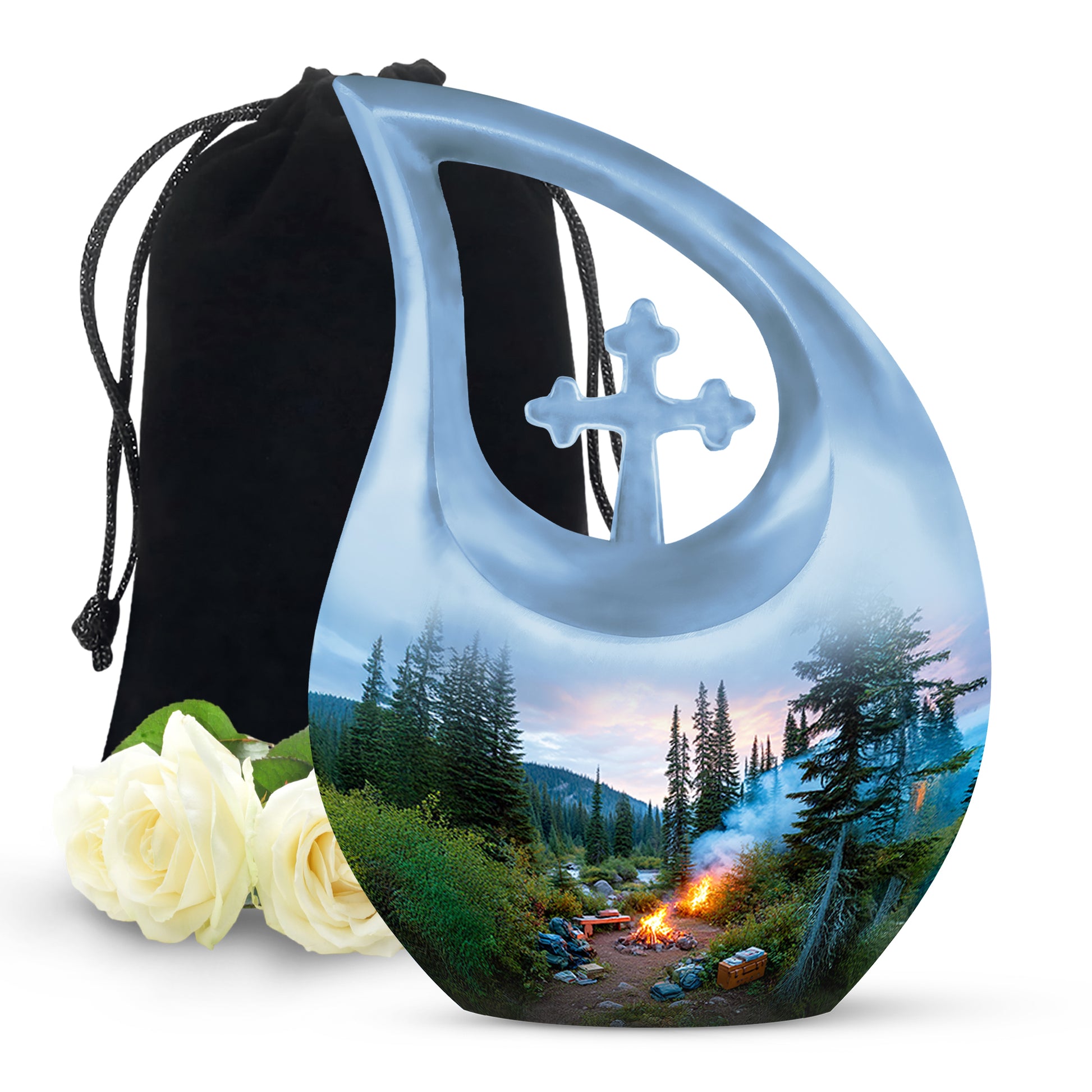 Royal Blue Campfire Cremation Urn top-down view of secure threaded lid - devotional cross-drop campfire engraving - full-size 10 inch 200 cubic inch adult cremation urn