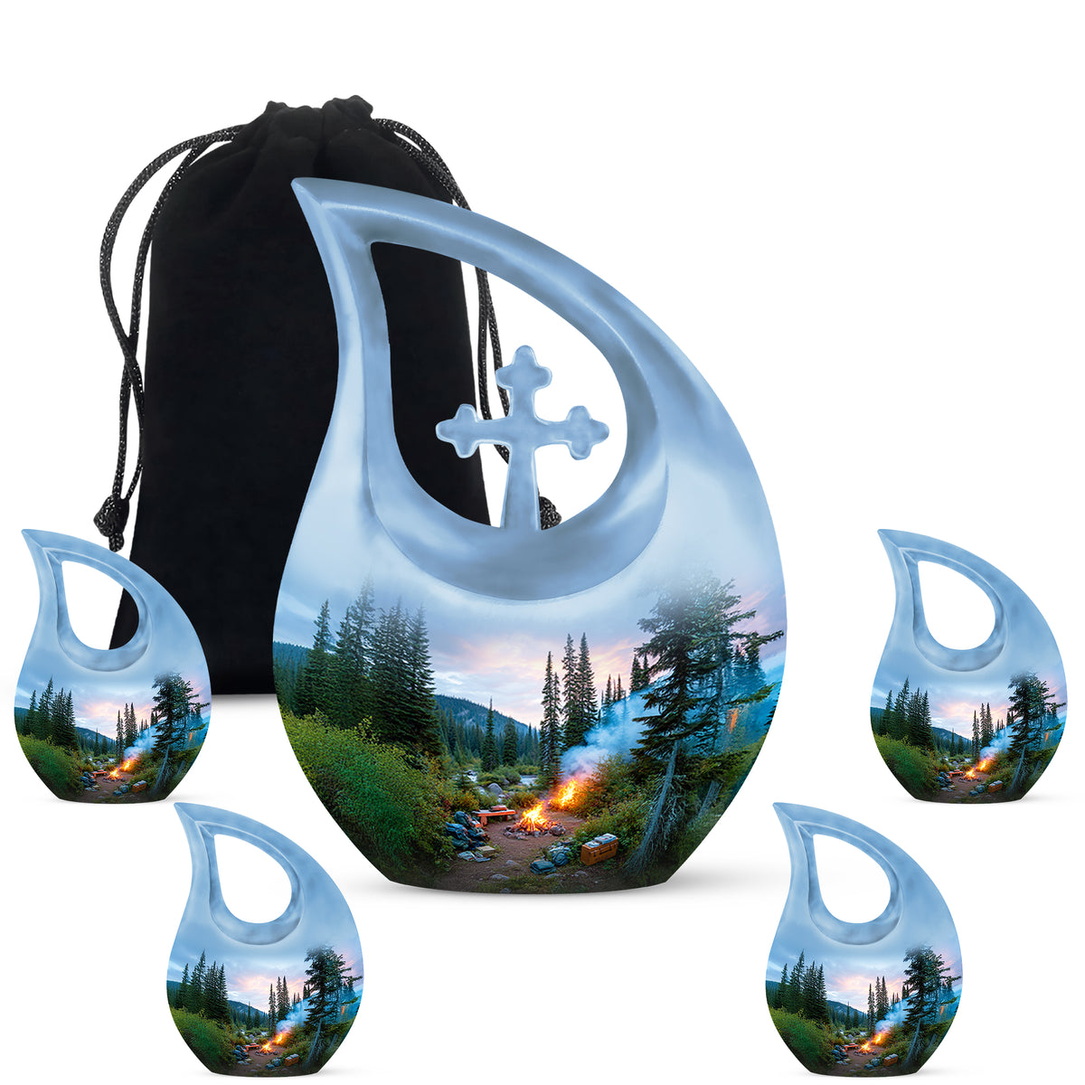 Azure Campfire Cremation Urn urn with complimentary velvet bag - cross and campfire combined in spiritual memorial design - memorial set with one large and four small urns