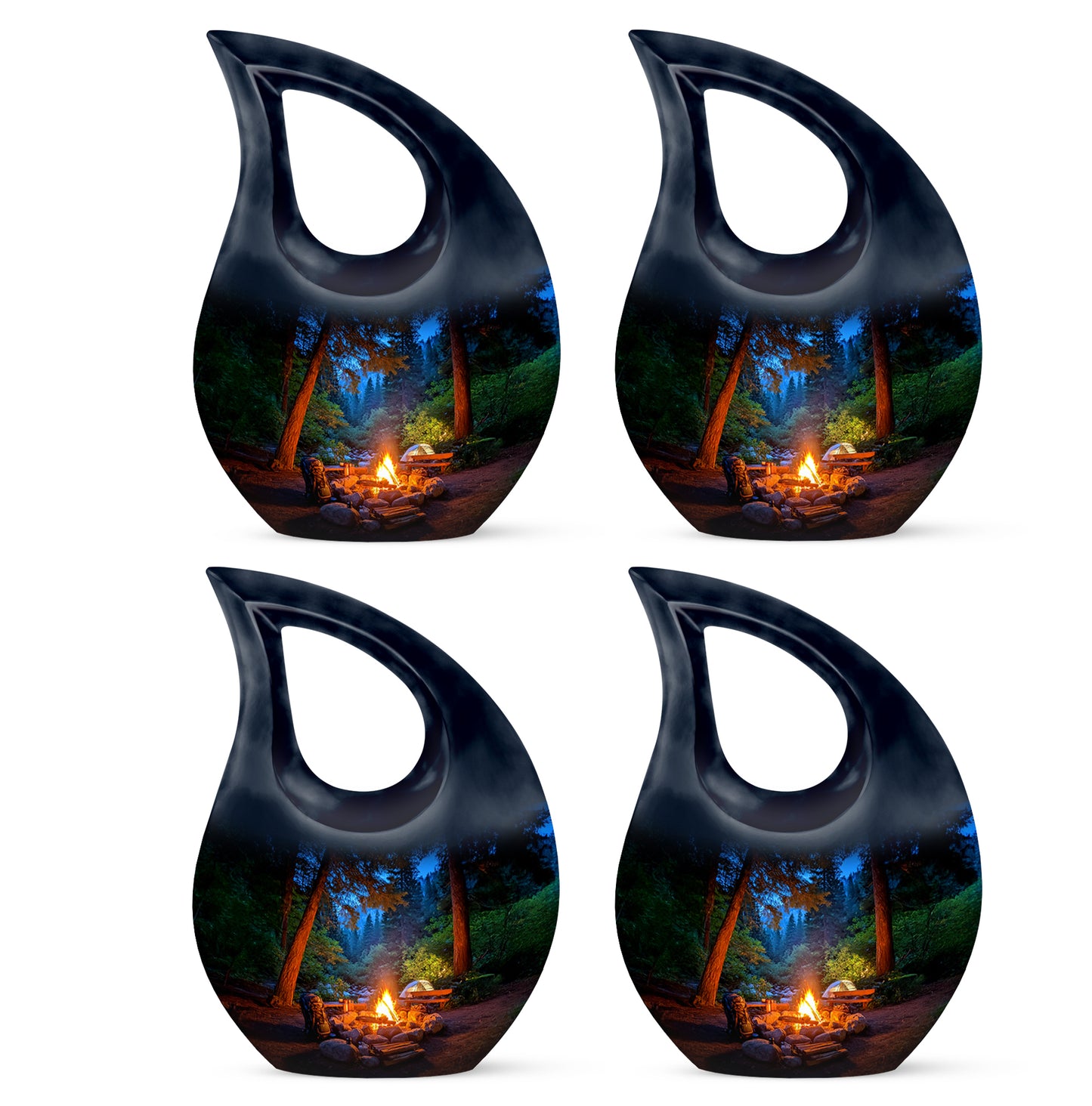 Bright Blue Campfire Cremation Urn lifestyle display on memorial shelf - devotional cross-drop campfire engraving - 10 inch aluminum urn for cremated remains