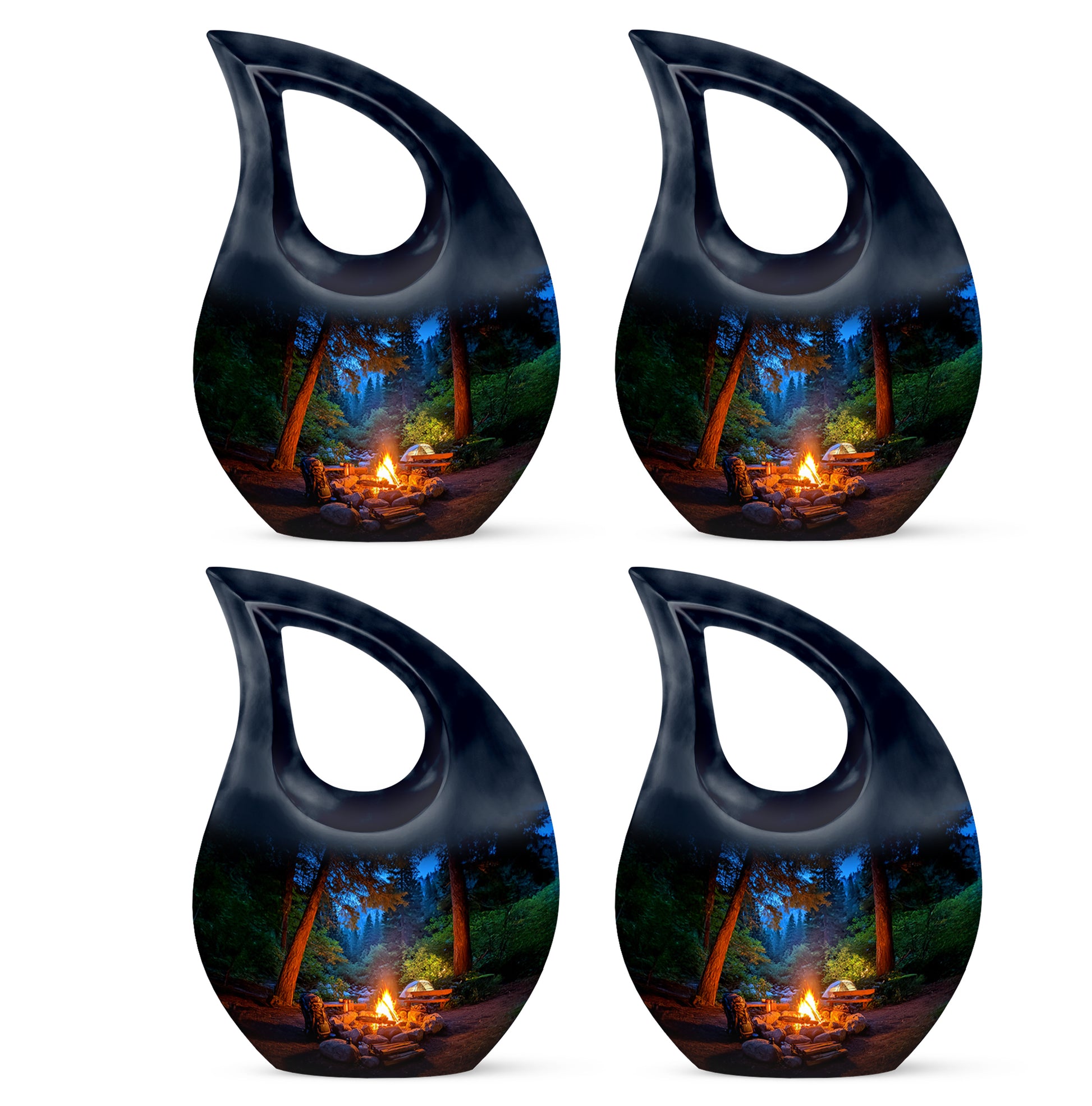 Bright Blue Campfire Cremation Urn lifestyle display on memorial shelf - devotional cross-drop campfire engraving - 10 inch aluminum urn for cremated remains