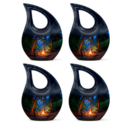 Bright Blue Campfire Cremation Urn lifestyle display on memorial shelf - devotional cross-drop campfire engraving - 10 inch aluminum urn for cremated remains