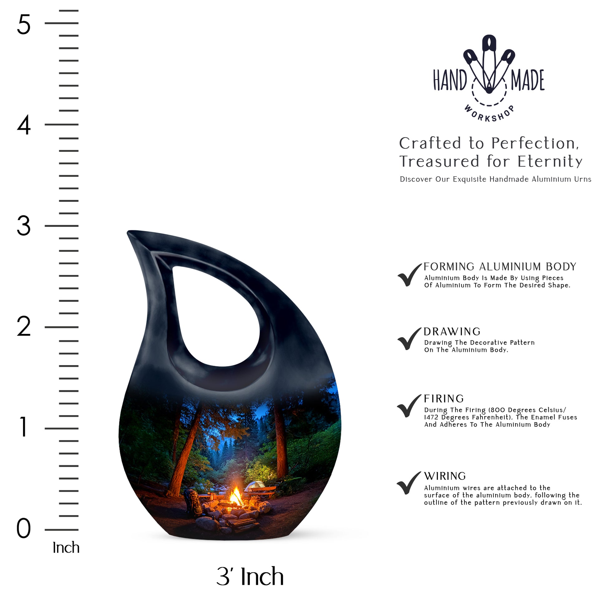Sky Blue Campfire Cremation Urn back view with polished surface - cross and campfire combined in spiritual memorial design - mini keepsake memorial for portion of cremation ashes