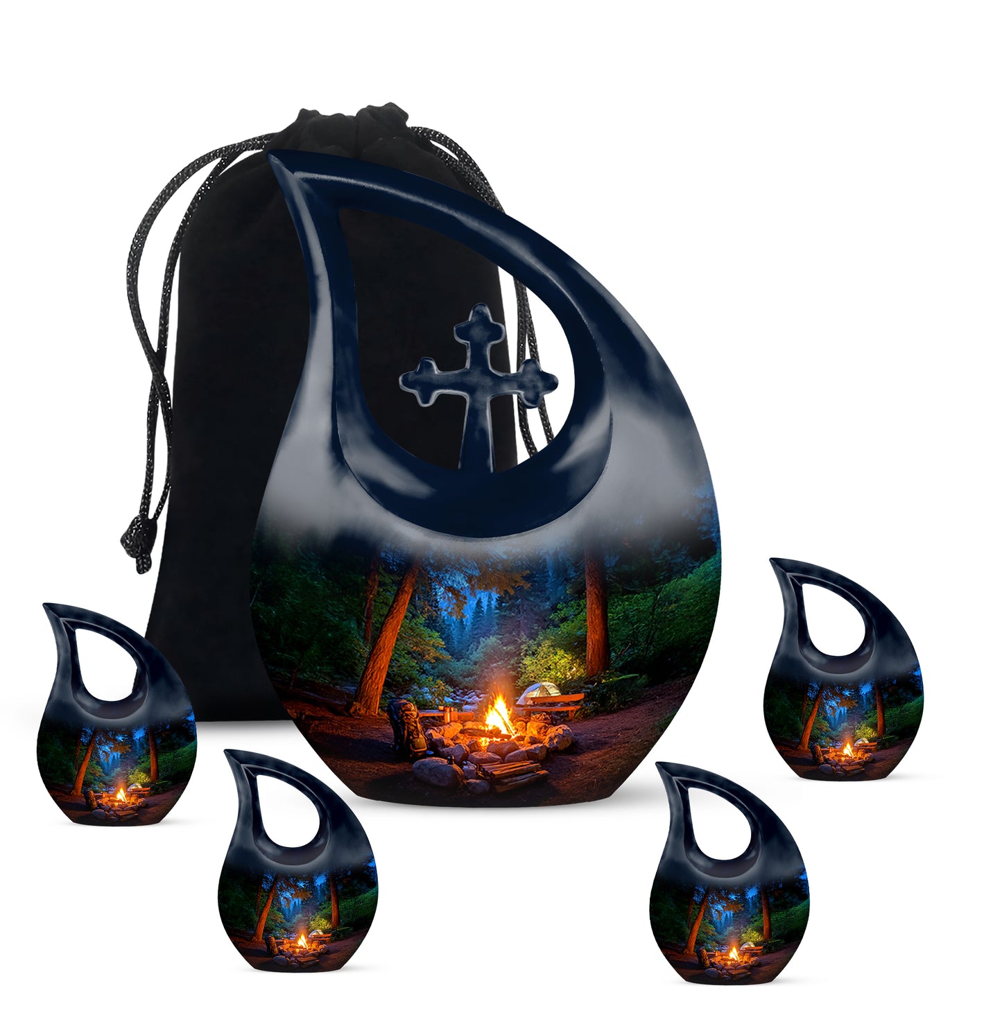 Pastel Blue Campfire Cremation Urn urn with complimentary velvet bag - sacred cross merged with campfire motif on metal - memorial set with one large and four small urns