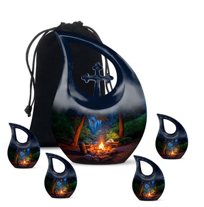 Pastel Blue Campfire Cremation Urn urn with complimentary velvet bag - sacred cross merged with campfire motif on metal - memorial set with one large and four small urns