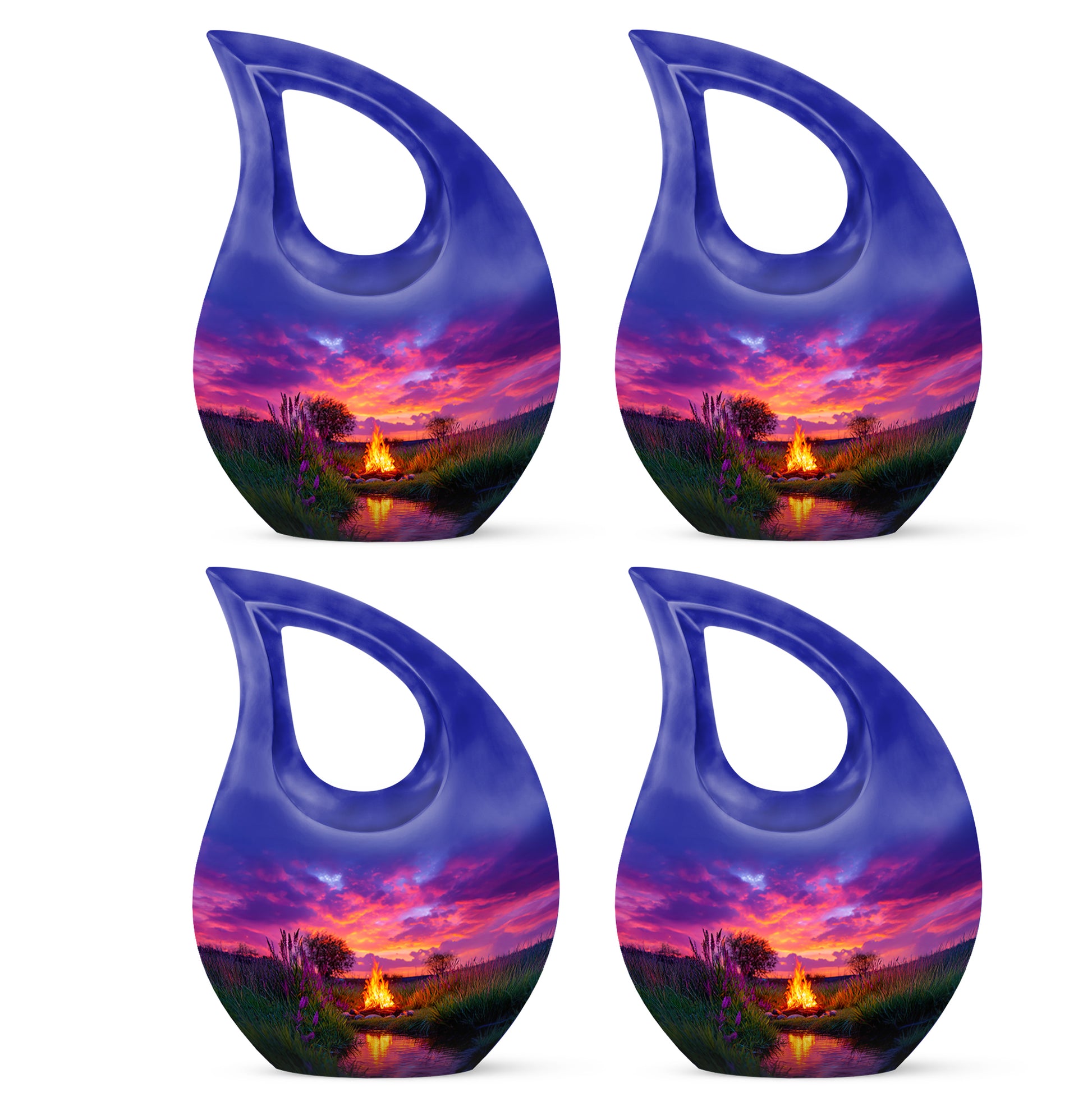 Misty Blue Campfire Cremation Urn lifestyle display on memorial shelf - cross and campfire combined in spiritual memorial design - 10 inch aluminum urn for cremated remains