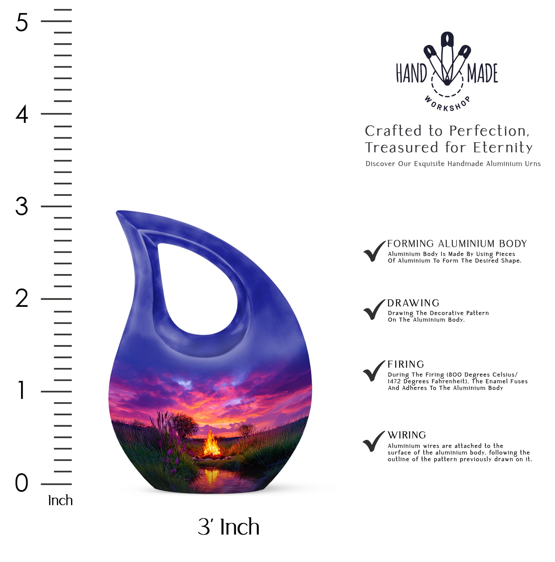 Powder Blue Campfire Cremation Urn back view with polished surface - cross and campfire combined in spiritual memorial design - mini keepsake memorial for portion of cremation ashes