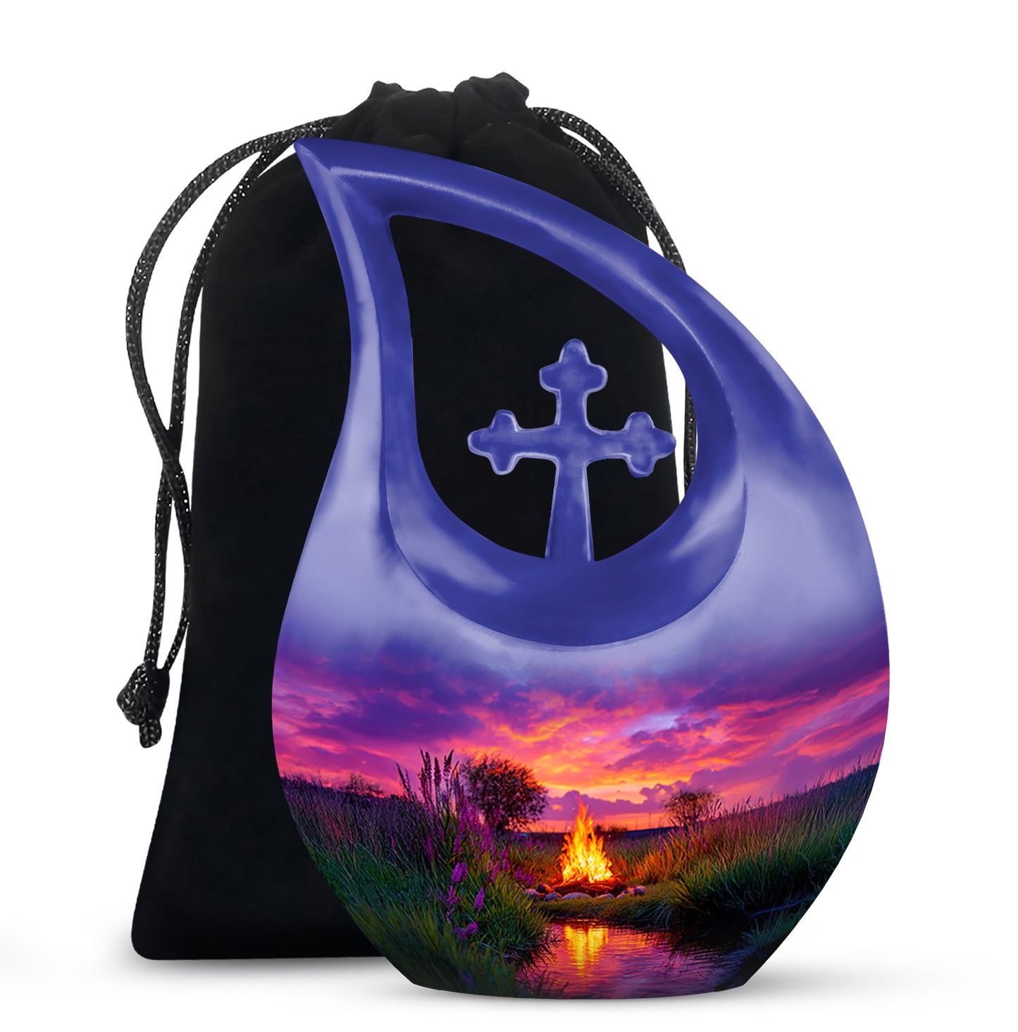 Soft Blue Campfire Cremation Urn top-down view of secure threaded lid - devotional cross-drop campfire engraving - full-size 10 inch 200 cubic inch adult cremation urn