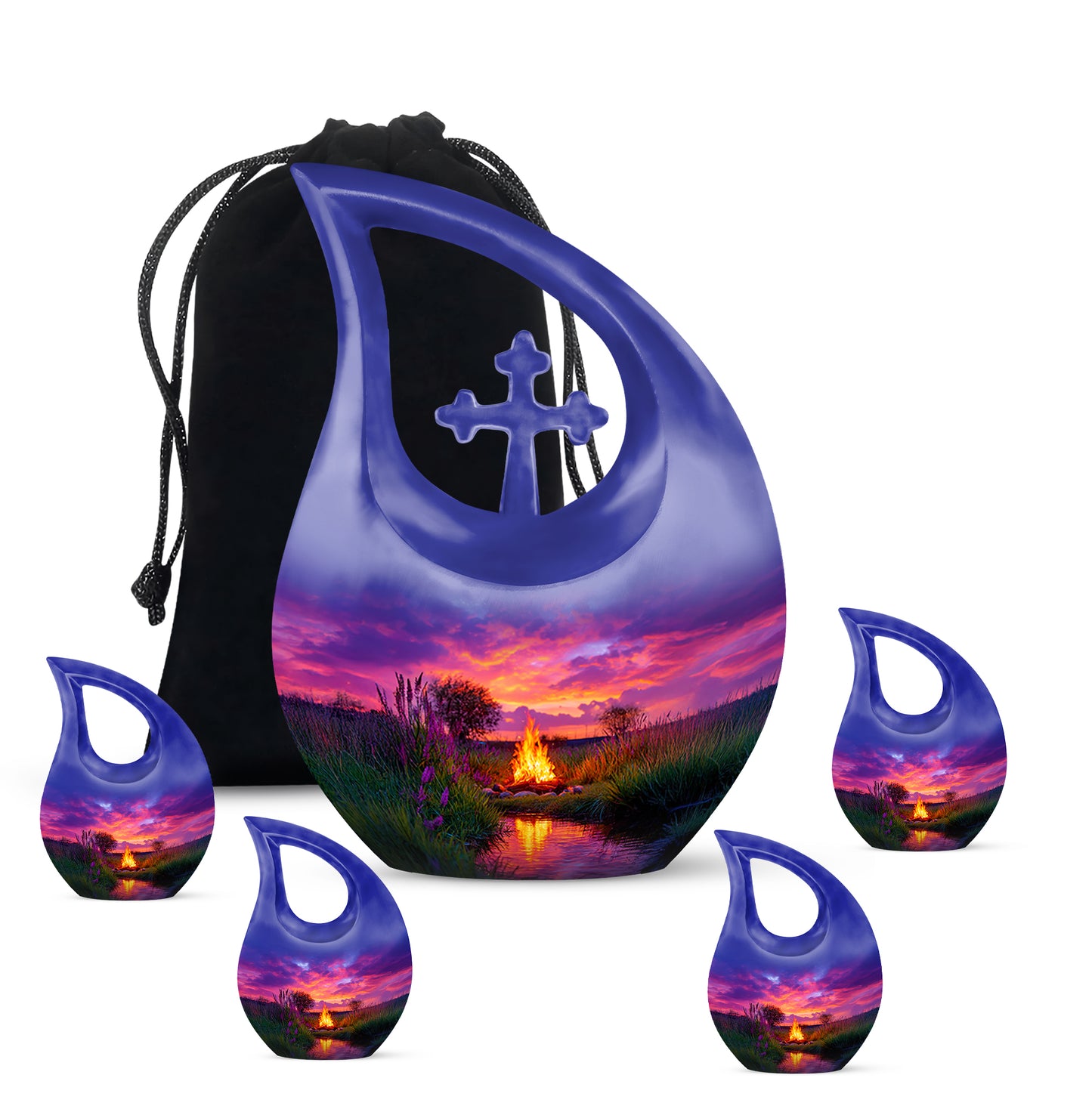 Misty Blue Campfire Cremation Urn urn with complimentary velvet bag - cross and campfire combined in spiritual memorial design - memorial set with one large and four small urns