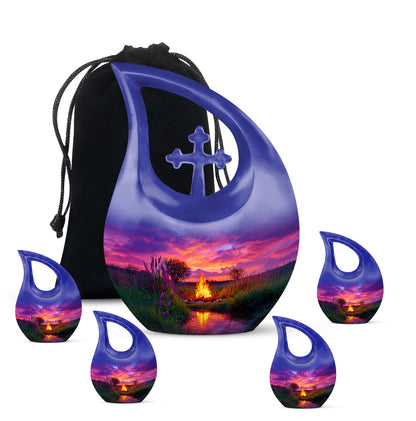 Misty Blue Campfire Cremation Urn urn with complimentary velvet bag - cross and campfire combined in spiritual memorial design - memorial set with one large and four small urns