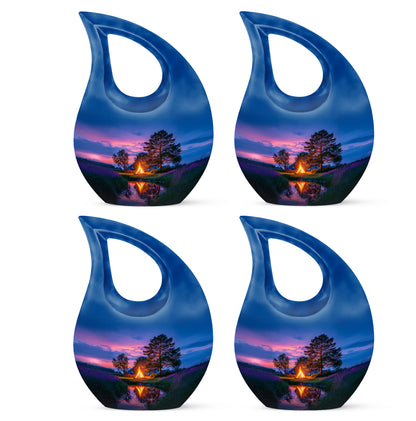 Bright Blue Campfire Cremation Urn lifestyle display on memorial shelf - faith-inspired cross-drop urn with campfire pattern - 10 inch aluminum urn for cremated remains