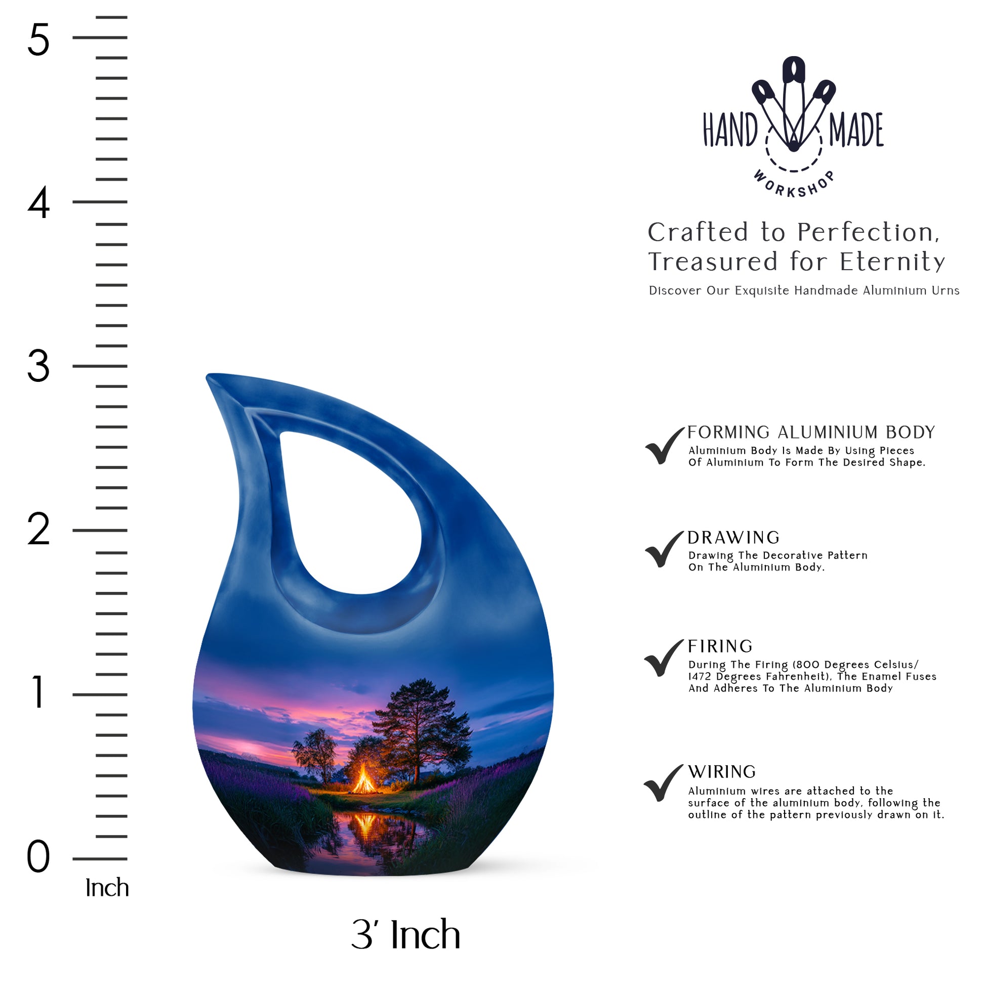 Azure Campfire Cremation Urn back view with polished surface - cross and campfire combined in spiritual memorial design - mini keepsake memorial for portion of cremation ashes