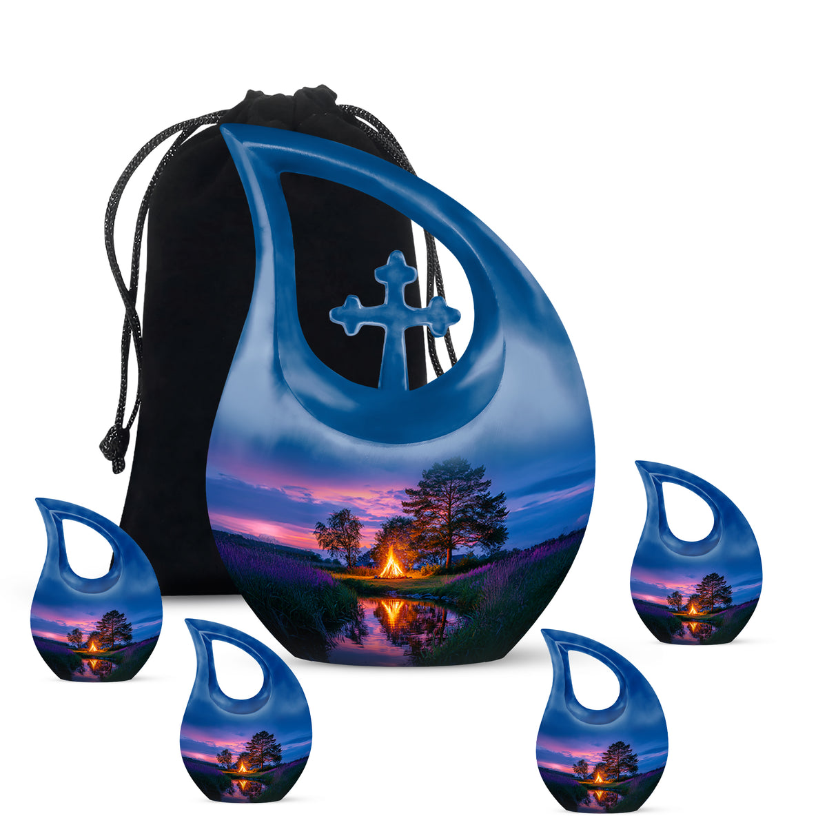 Cobalt Blue Campfire Cremation Urn urn with complimentary velvet bag - faith-inspired cross-drop urn with campfire pattern - memorial set with one large and four small urns