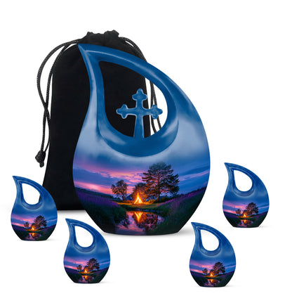 Cobalt Blue Campfire Cremation Urn urn with complimentary velvet bag - faith-inspired cross-drop urn with campfire pattern - memorial set with one large and four small urns