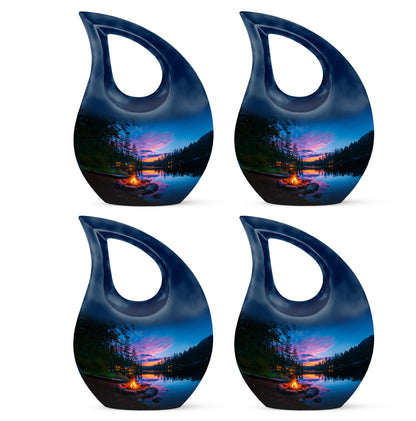 Steel Blue Campfire Cremation Urn lifestyle display on memorial shelf - faith-inspired cross-drop urn with campfire pattern - 10 inch aluminum urn for cremated remains