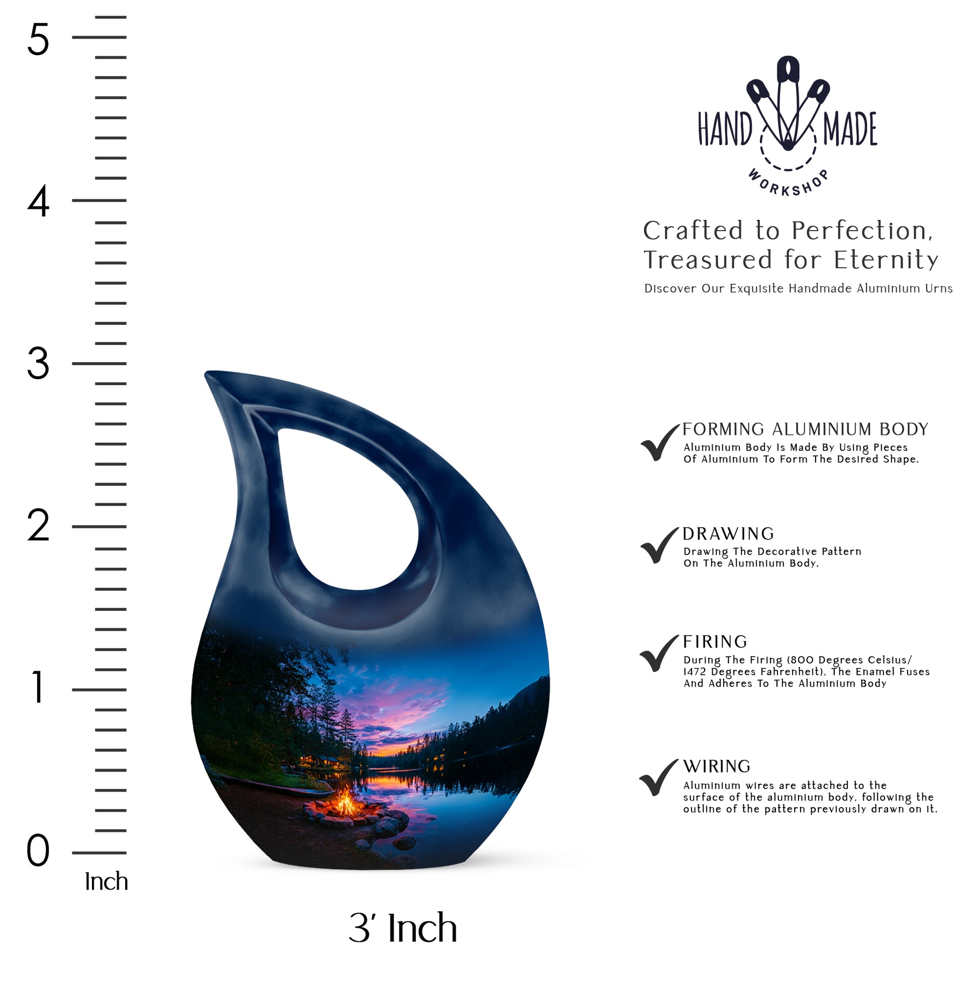 Bright Blue Campfire Cremation Urn back view with polished surface - devotional cross-drop campfire engraving - mini keepsake memorial for portion of cremation ashes