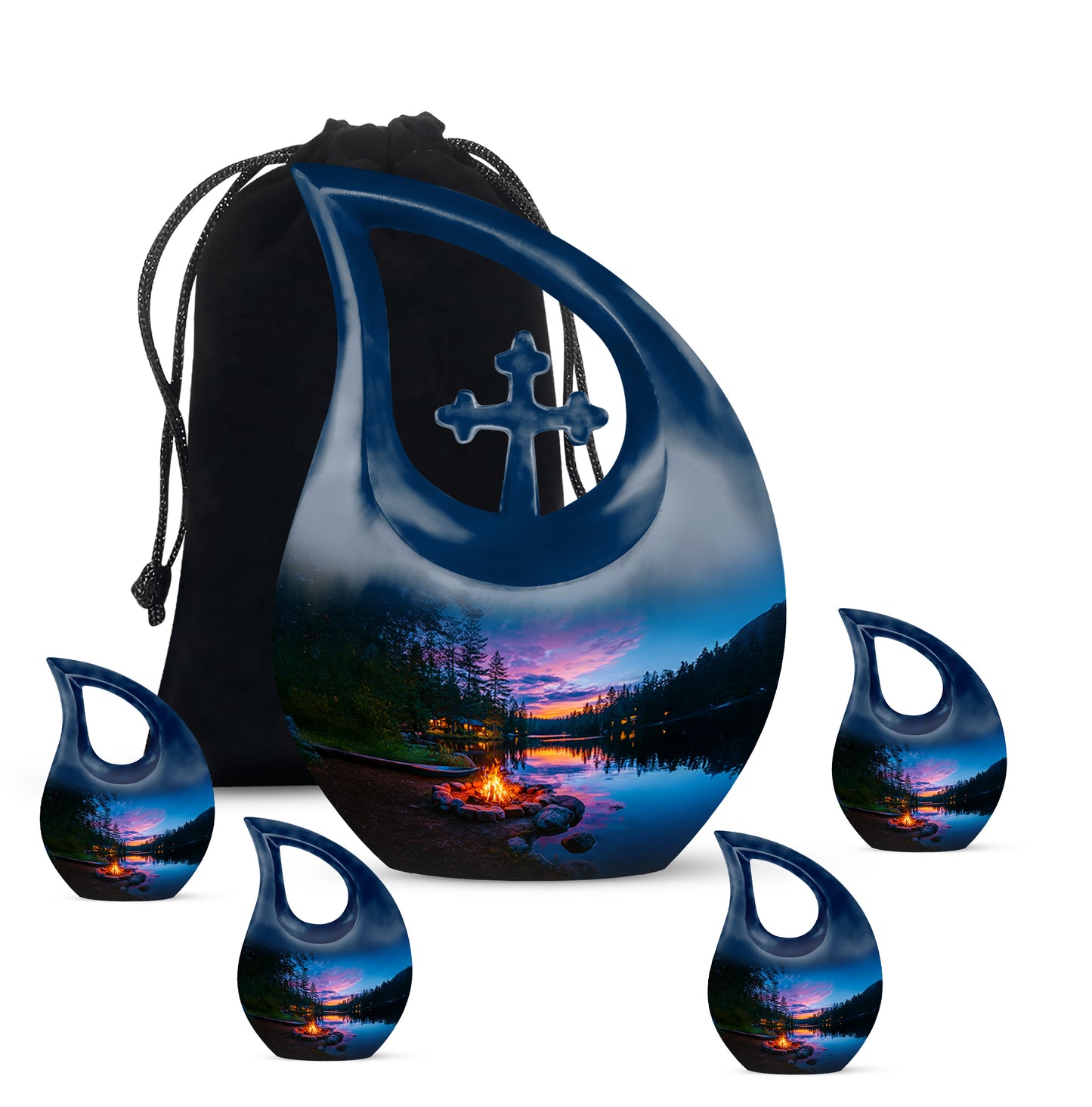 Sapphire Blue Campfire Cremation Urn urn with complimentary velvet bag - devotional cross-drop campfire engraving - memorial set with one large and four small urns