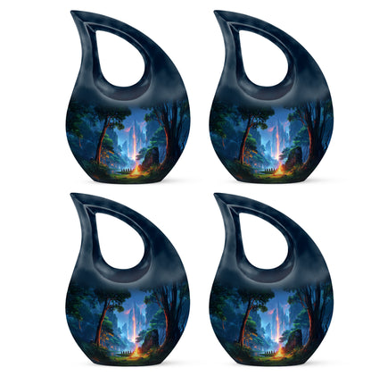 Powder Blue Campfire Cremation Urn lifestyle display on memorial shelf - sacred cross merged with campfire motif on metal - 10 inch aluminum urn for cremated remains