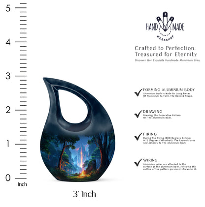Royal Blue Campfire Cremation Urn back view with polished surface - faith-inspired cross-drop urn with campfire pattern - mini keepsake memorial for portion of cremation ashes