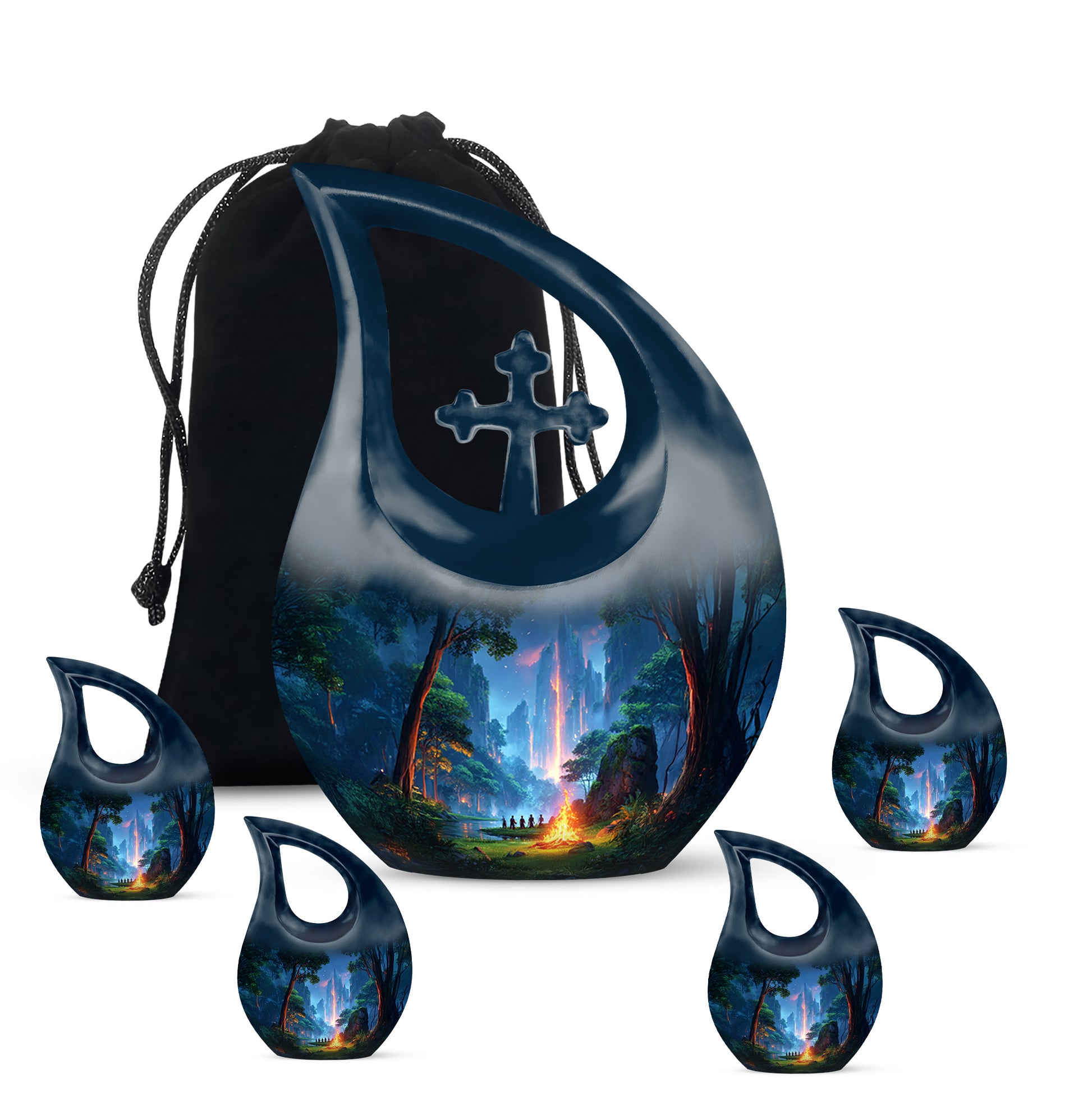 Powder Blue Campfire Cremation Urn urn with complimentary velvet bag - cross and campfire combined in spiritual memorial design - memorial set with one large and four small urns
