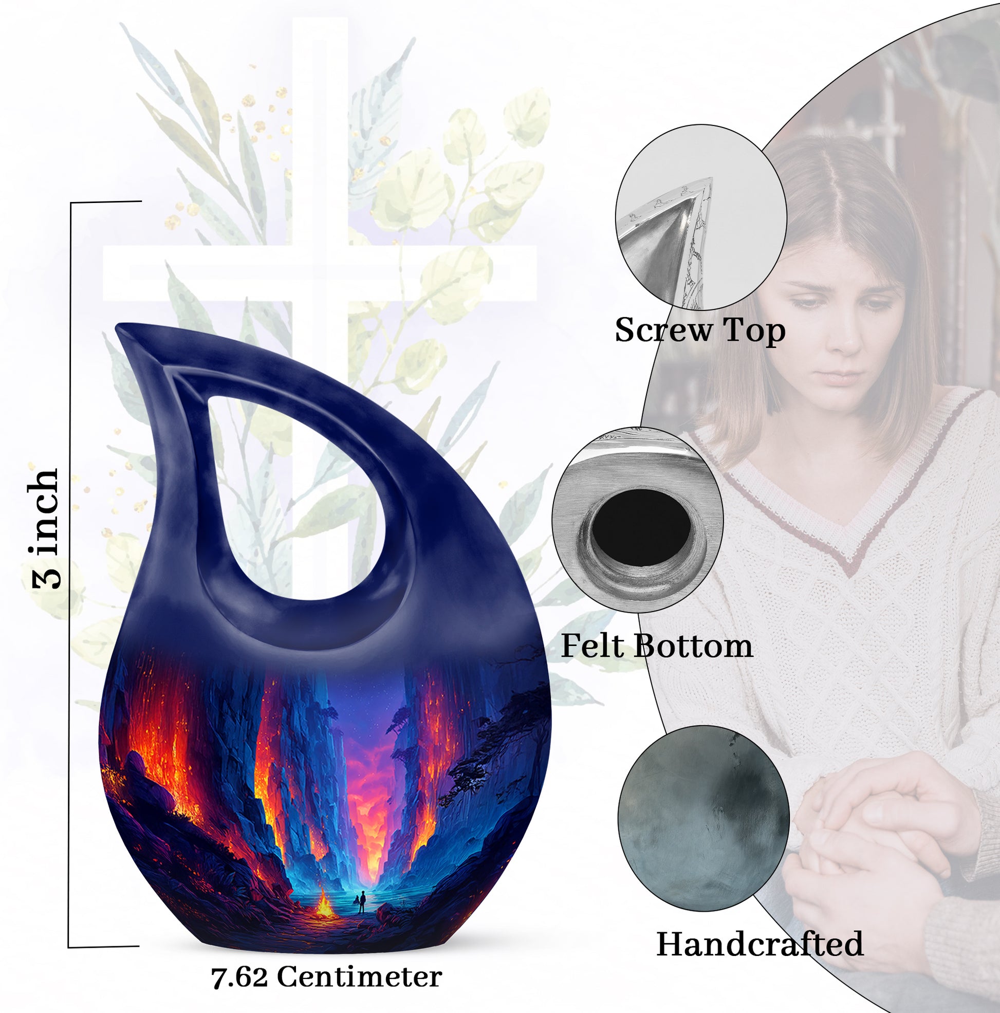 Soft Blue Campfire Cremation Urn back view with polished surface - faith-inspired cross-drop urn with campfire pattern - mini keepsake memorial for portion of cremation ashes