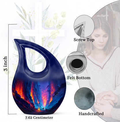 Soft Blue Campfire Cremation Urn back view with polished surface - faith-inspired cross-drop urn with campfire pattern - mini keepsake memorial for portion of cremation ashes