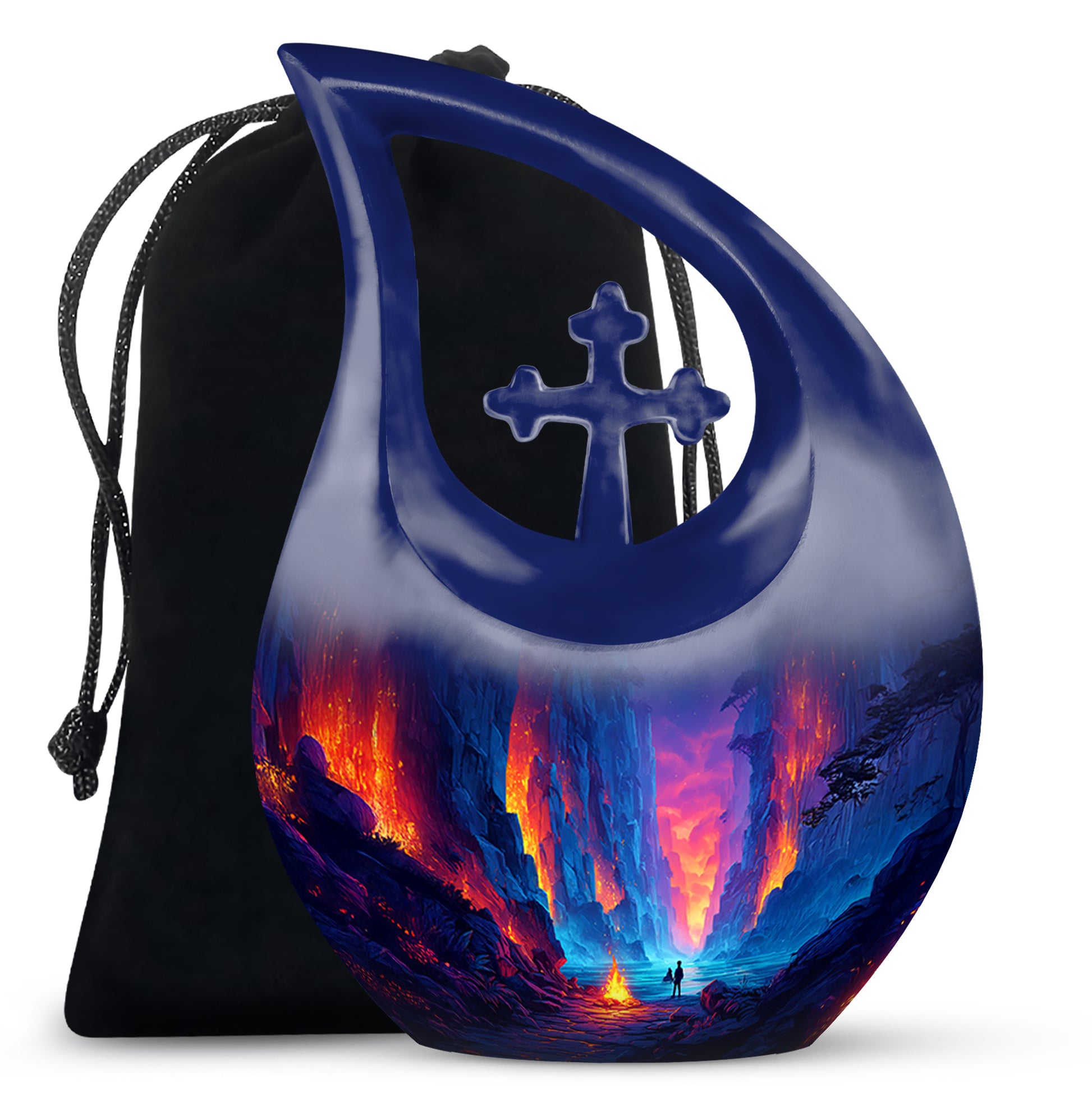 Slate Blue Campfire Cremation Urn top-down view of secure threaded lid - cross and campfire combined in spiritual memorial design - full-size 10 inch 200 cubic inch adult cremation urn