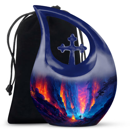 Slate Blue Campfire Cremation Urn top-down view of secure threaded lid - cross and campfire combined in spiritual memorial design - full-size 10 inch 200 cubic inch adult cremation urn