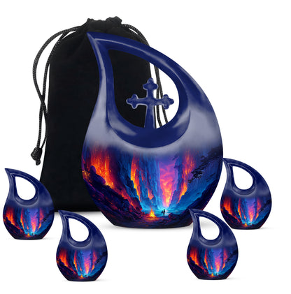 Pastel Blue Campfire Cremation Urn urn with complimentary velvet bag - sacred cross merged with campfire motif on metal - memorial set with one large and four small urns