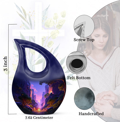 Icy Blue Campfire Cremation Urn back view with polished surface - sacred cross merged with campfire motif on metal - mini keepsake memorial for portion of cremation ashes