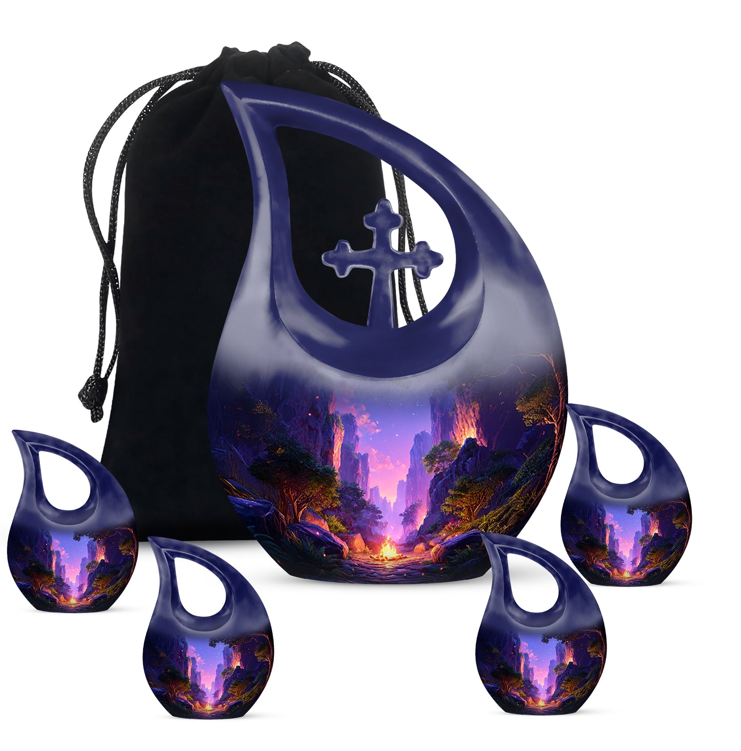 Twilight Blue Campfire Cremation Urn urn with complimentary velvet bag - devotional cross-drop campfire engraving - memorial set with one large and four small urns