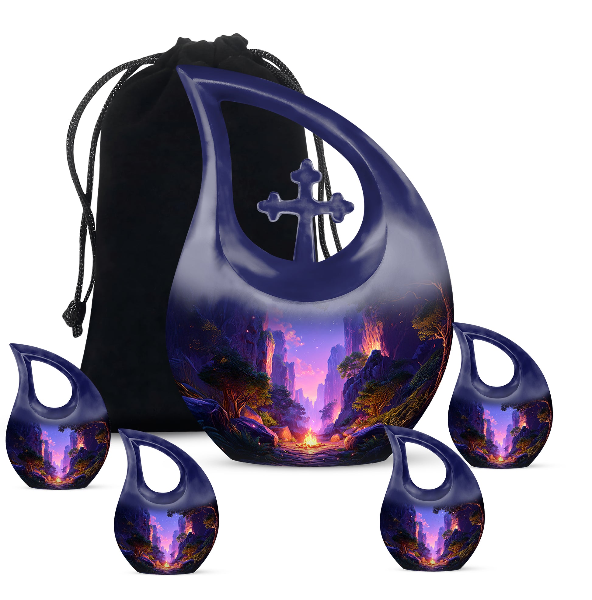 Twilight Blue Campfire Cremation Urn urn with complimentary velvet bag - devotional cross-drop campfire engraving - memorial set with one large and four small urns