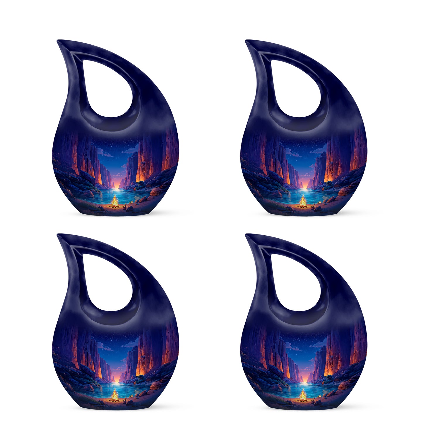 Vivid Blue Campfire Cremation Urn lifestyle display on memorial shelf - devotional cross-drop campfire engraving - 10 inch aluminum urn for cremated remains