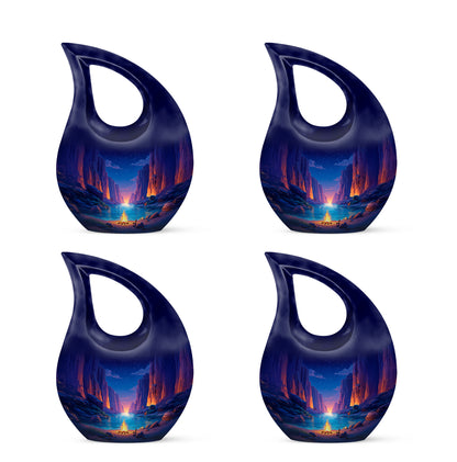 Vivid Blue Campfire Cremation Urn lifestyle display on memorial shelf - devotional cross-drop campfire engraving - 10 inch aluminum urn for cremated remains