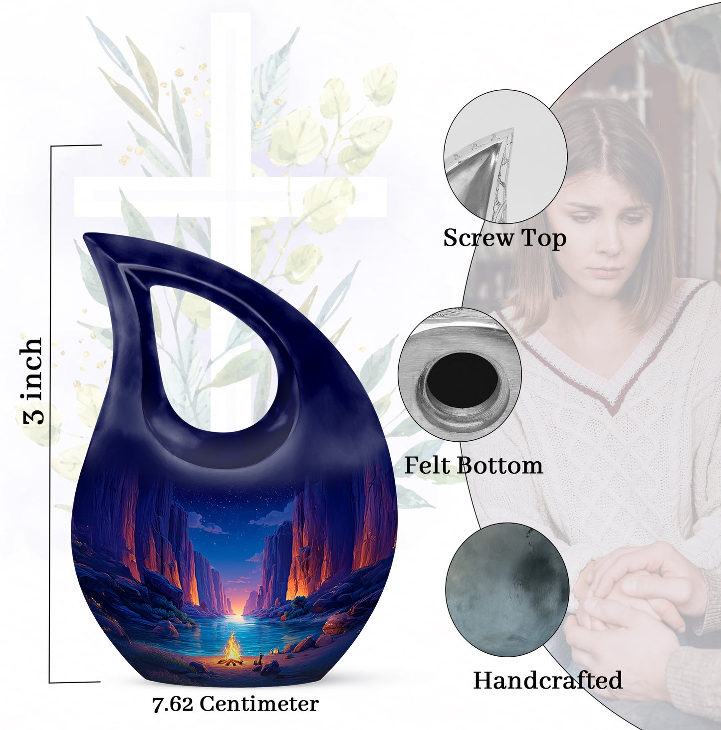 Powder Blue Campfire Cremation Urn back view with polished surface - sacred cross merged with campfire motif on metal - mini keepsake memorial for portion of cremation ashes