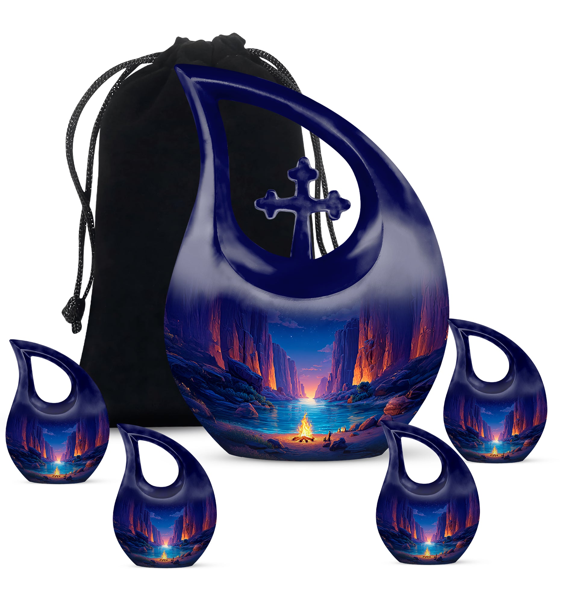 Bright Blue Campfire Cremation Urn urn with complimentary velvet bag - devotional cross-drop campfire engraving - memorial set with one large and four small urns
