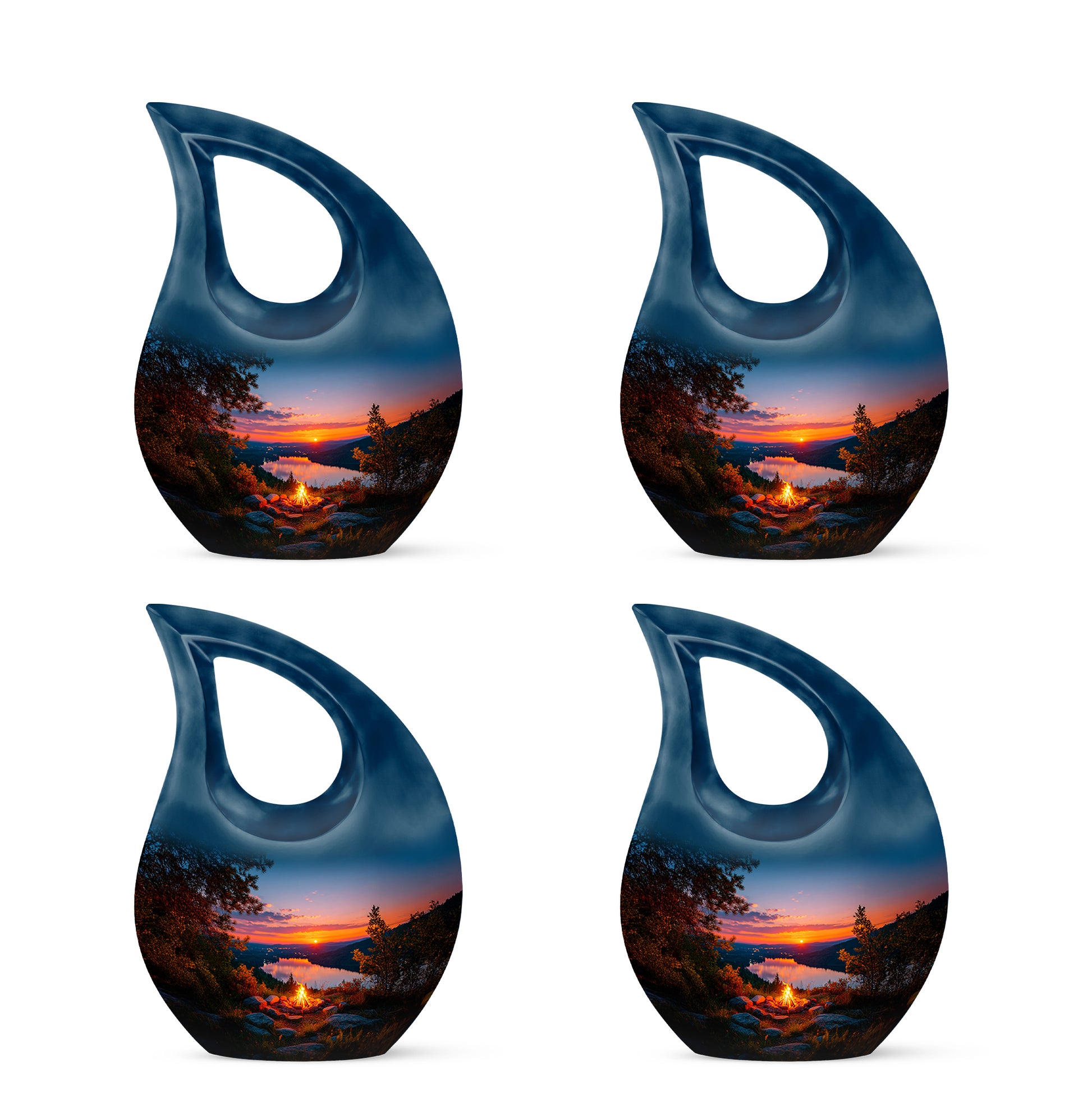 Sky Blue Campfire Cremation Urn lifestyle display on memorial shelf - sacred cross merged with campfire motif on metal - 10 inch aluminum urn for cremated remains