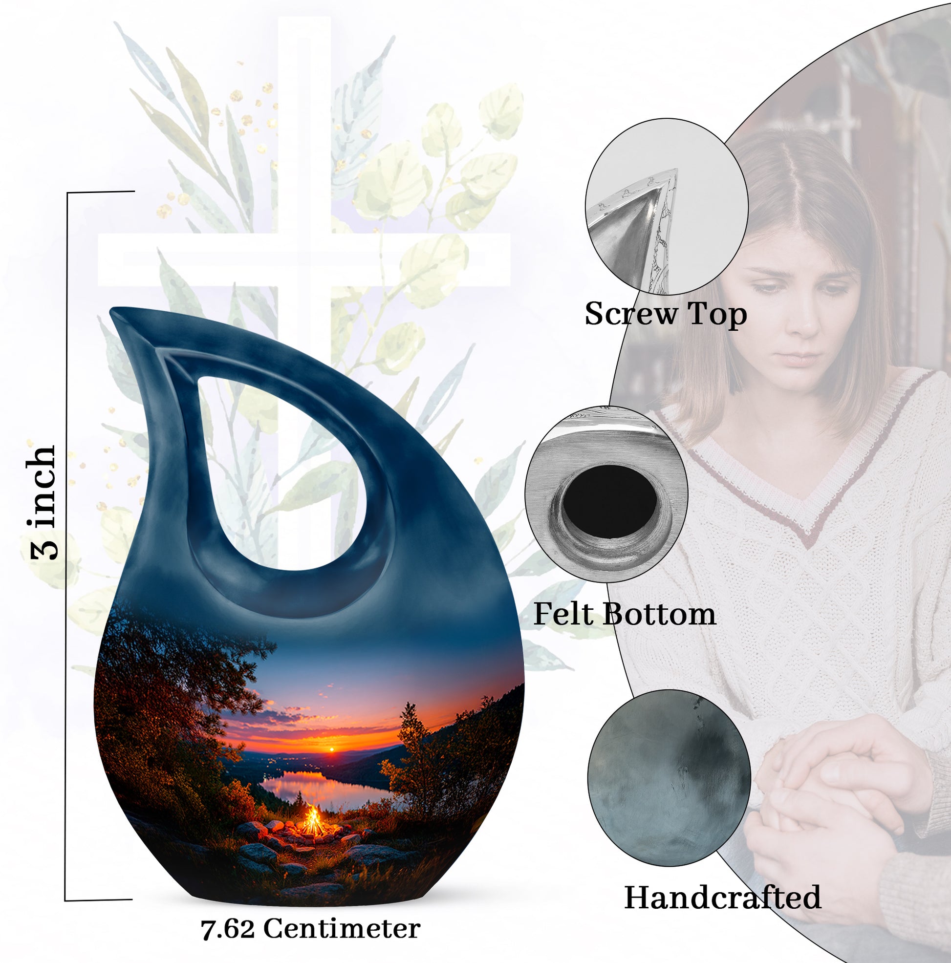 Royal Blue Campfire Cremation Urn back view with polished surface - faith-inspired cross-drop urn with campfire pattern - mini keepsake memorial for portion of cremation ashes