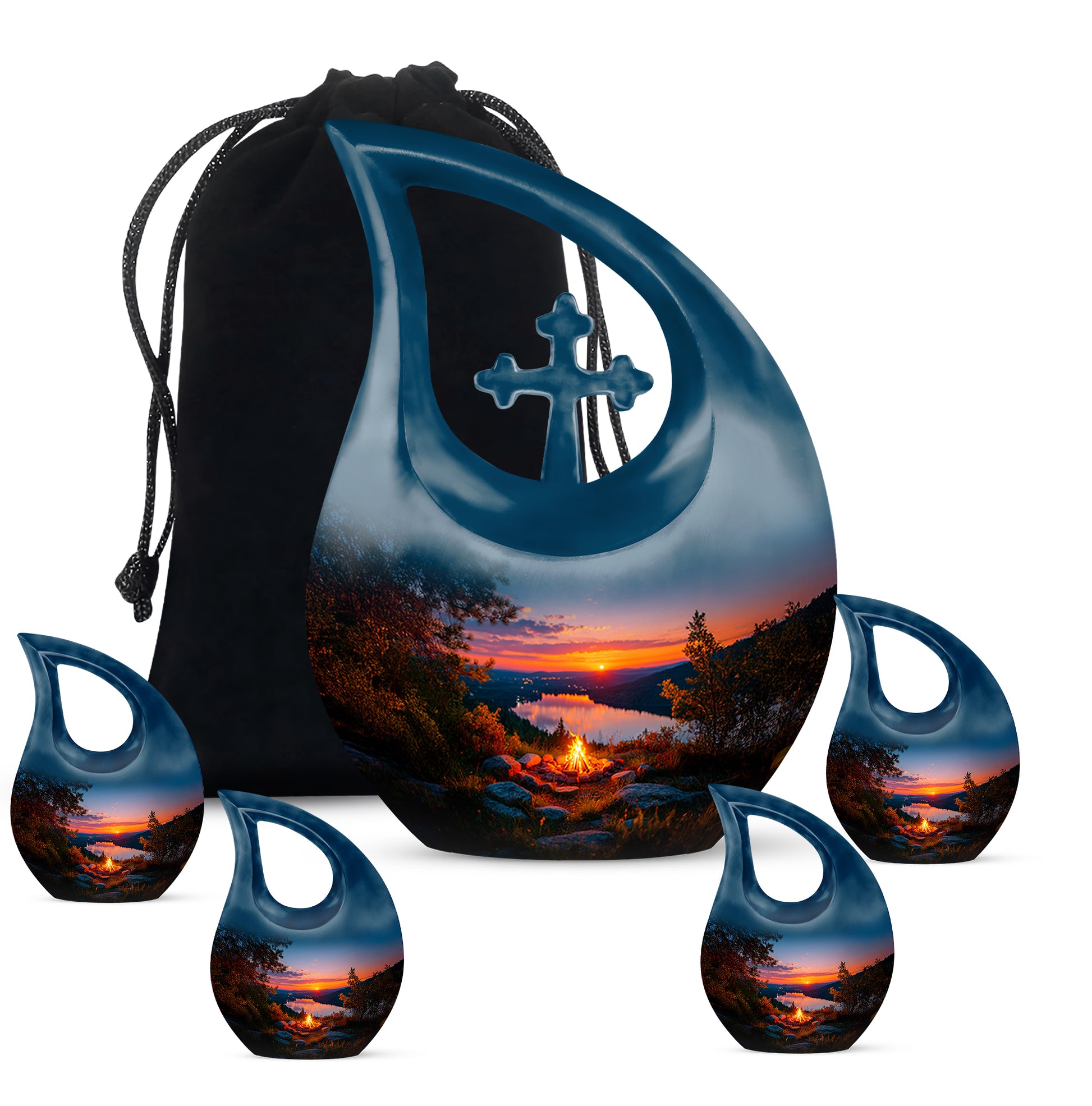 Soft Blue Campfire Cremation Urn urn with complimentary velvet bag - devotional cross-drop campfire engraving - memorial set with one large and four small urns