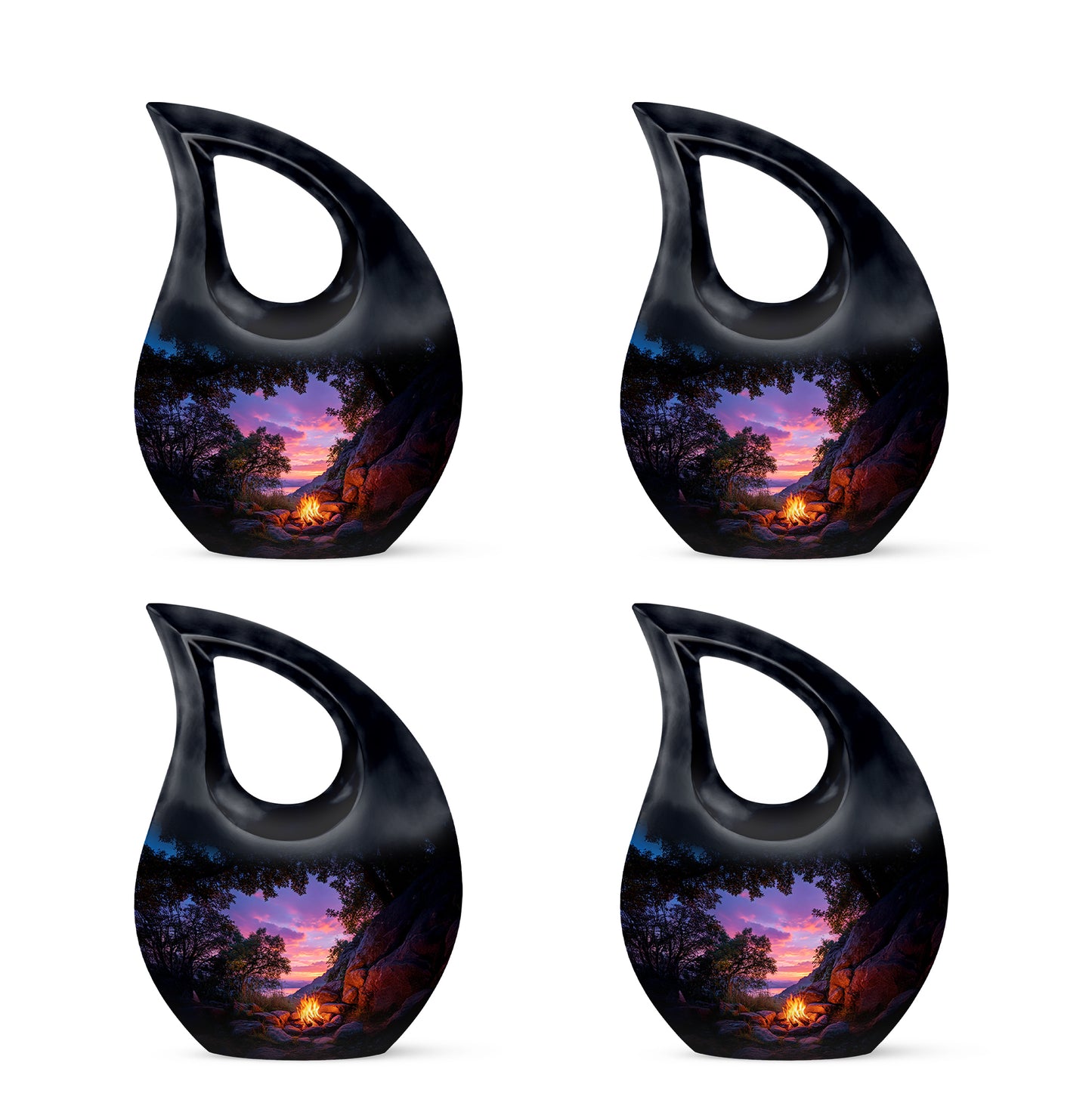 Midnight Black Campfire Cremation Urn lifestyle display on memorial shelf - devotional cross-drop campfire engraving - 10 inch aluminum urn for cremated remains