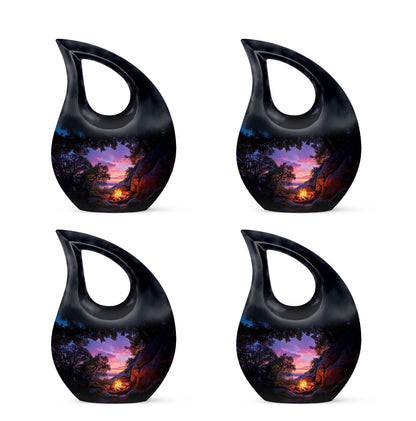 Midnight Black Campfire Cremation Urn lifestyle display on memorial shelf - devotional cross-drop campfire engraving - 10 inch aluminum urn for cremated remains