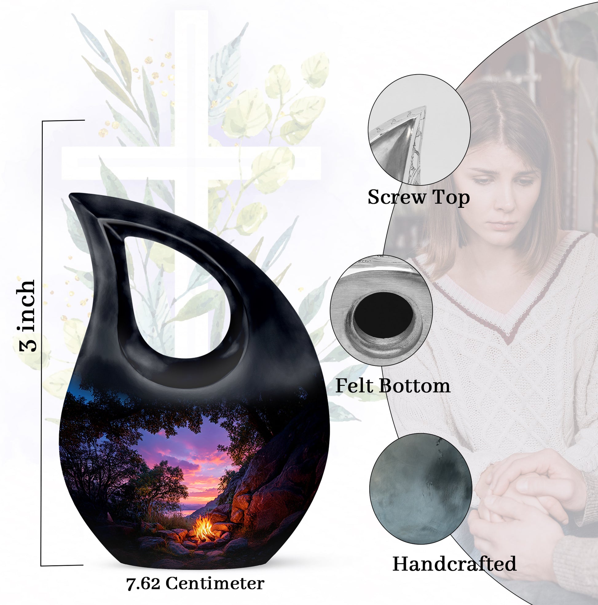 Jet Black Campfire Cremation Urn back view with polished surface - cross and campfire combined in spiritual memorial design - mini keepsake memorial for portion of cremation ashes