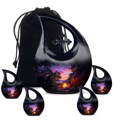 Midnight Black Campfire Cremation Urn urn with complimentary velvet bag - devotional cross-drop campfire engraving - memorial set with one large and four small urns