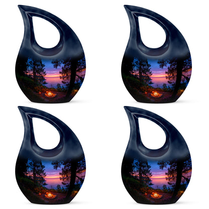 Navy Blue Campfire Cremation Urn lifestyle display on memorial shelf - sacred cross merged with campfire motif on metal - 10 inch aluminum urn for cremated remains