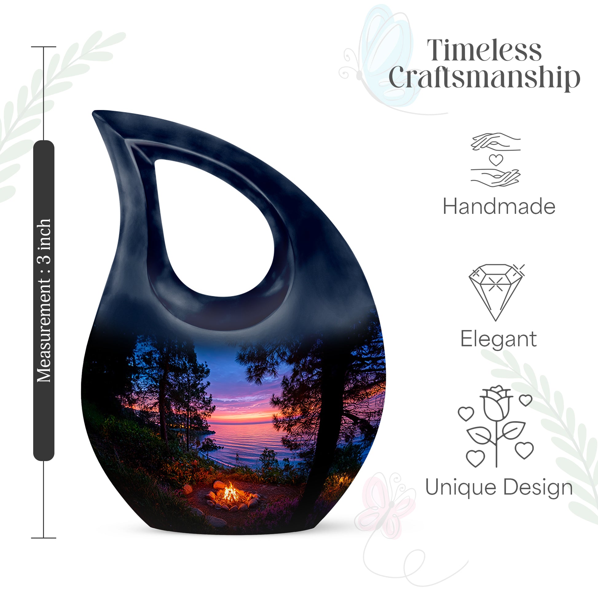 Steel Blue Campfire Cremation Urn back view with polished surface - faith-inspired cross-drop urn with campfire pattern - mini keepsake memorial for portion of cremation ashes