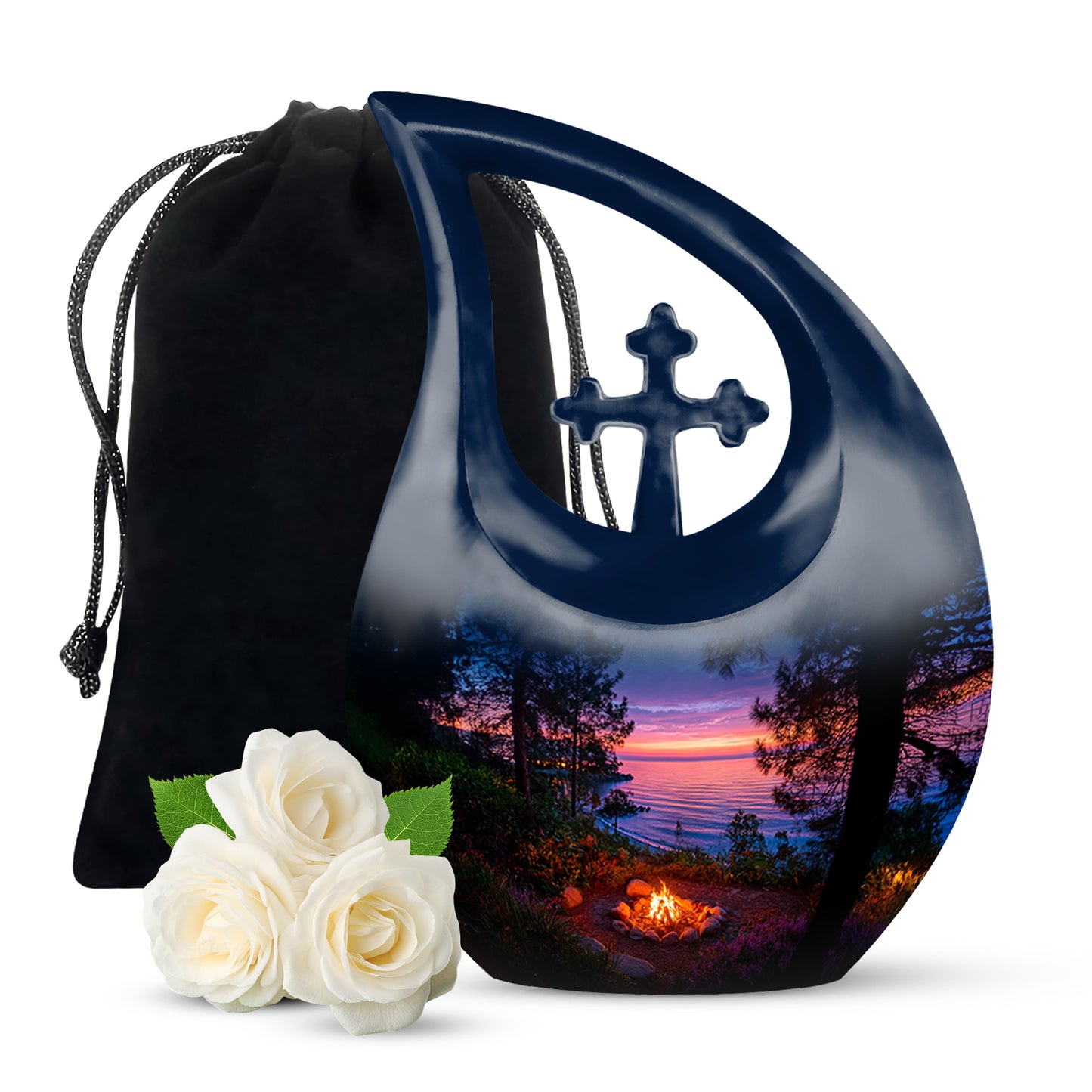 Cornflower Blue Campfire Cremation Urn top-down view of secure threaded lid - devotional cross-drop campfire engraving - full-size 10 inch 200 cubic inch adult cremation urn