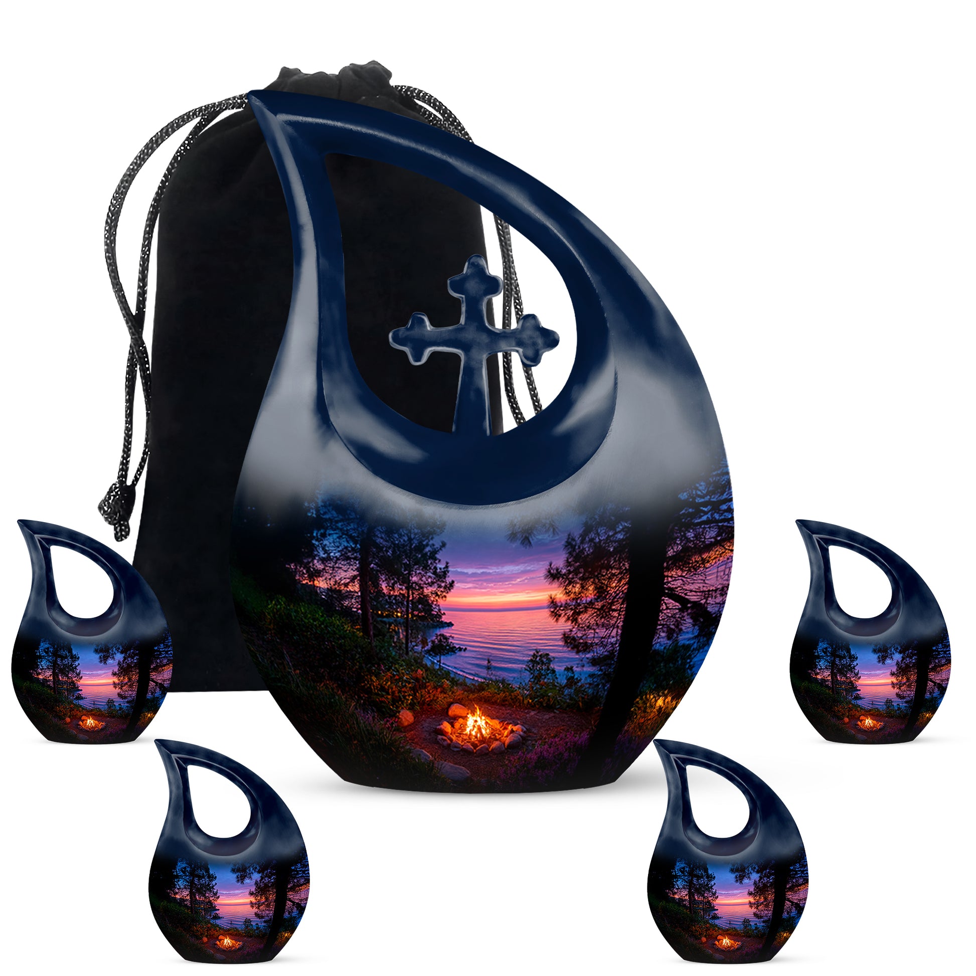 Pastel Blue Campfire Cremation Urn urn with complimentary velvet bag - cross and campfire combined in spiritual memorial design - memorial set with one large and four small urns