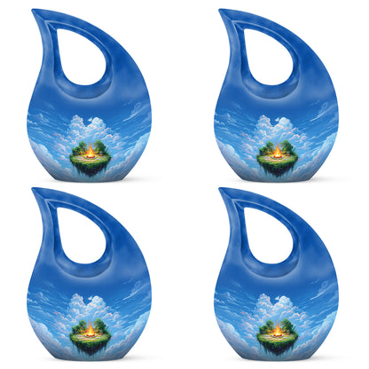 Vivid Blue Campfire Cremation Urn lifestyle display on memorial shelf - devotional cross-drop campfire engraving - 10 inch aluminum urn for cremated remains