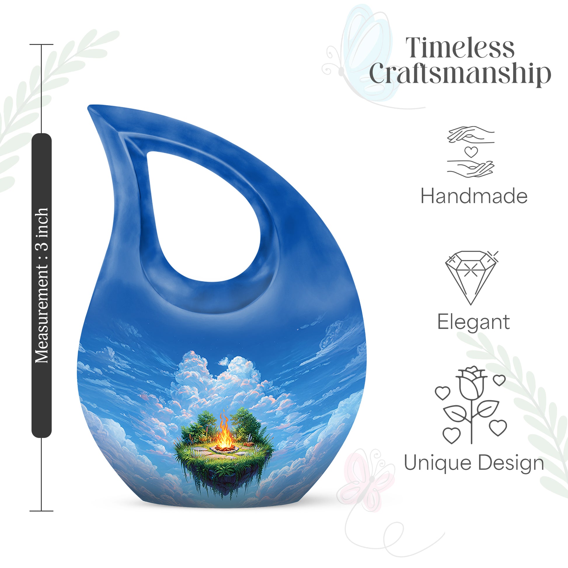 Powder Blue Campfire Cremation Urn back view with polished surface - sacred cross merged with campfire motif on metal - mini keepsake memorial for portion of cremation ashes