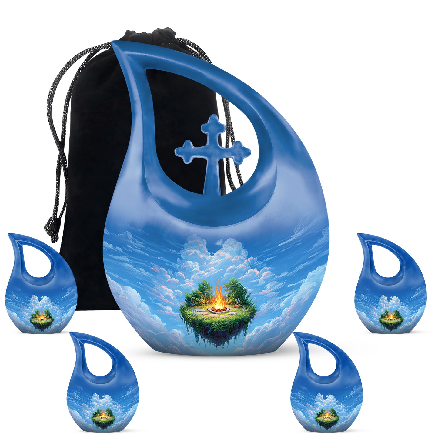 Powder Blue Campfire Cremation Urn urn with complimentary velvet bag - cross and campfire combined in spiritual memorial design - memorial set with one large and four small urns